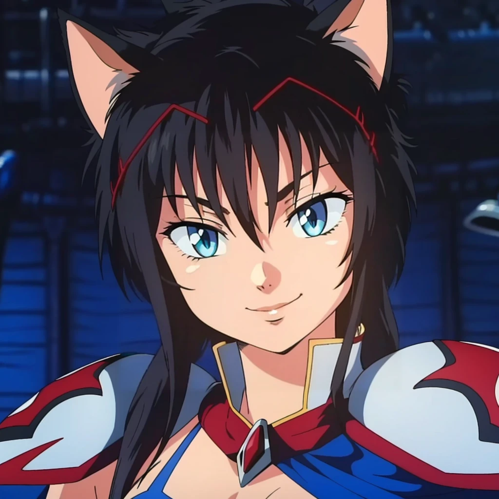 <lora:Bhatia001:0.7>,looking at viewer, smile, 
Bhatia,1girl,black hair,longhair,cat ears,blue eyes,solo,
hair_ornament,
shoulder armor,bikini_armor,cape,
close-up,