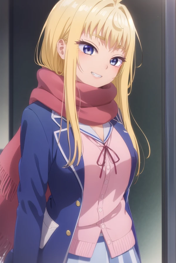 minamifuyuki, <lora:minami fuyuki s1-lora-nochekaiser:1>,
minami fuyuki, long hair, blonde hair, (purple eyes:1.1), ahoge, sidelocks, smile, grin,
BREAK cleavage, skirt, school uniform, jacket, pleated skirt, boots, scarf, blazer, cardigan, blue jacket, grey skirt, red scarf, pink cardigan,
BREAK indoors, classroom,
BREAK looking at viewer, (cowboy shot:1.5),
BREAK <lyco:GoodHands-beta2:1>, (masterpiece:1.2), best quality, high resolution, unity 8k wallpaper, (illustration:0.8), (beautiful detailed eyes:1.6), extremely detailed face, perfect lighting, extremely detailed CG, (perfect hands, perfect anatomy),