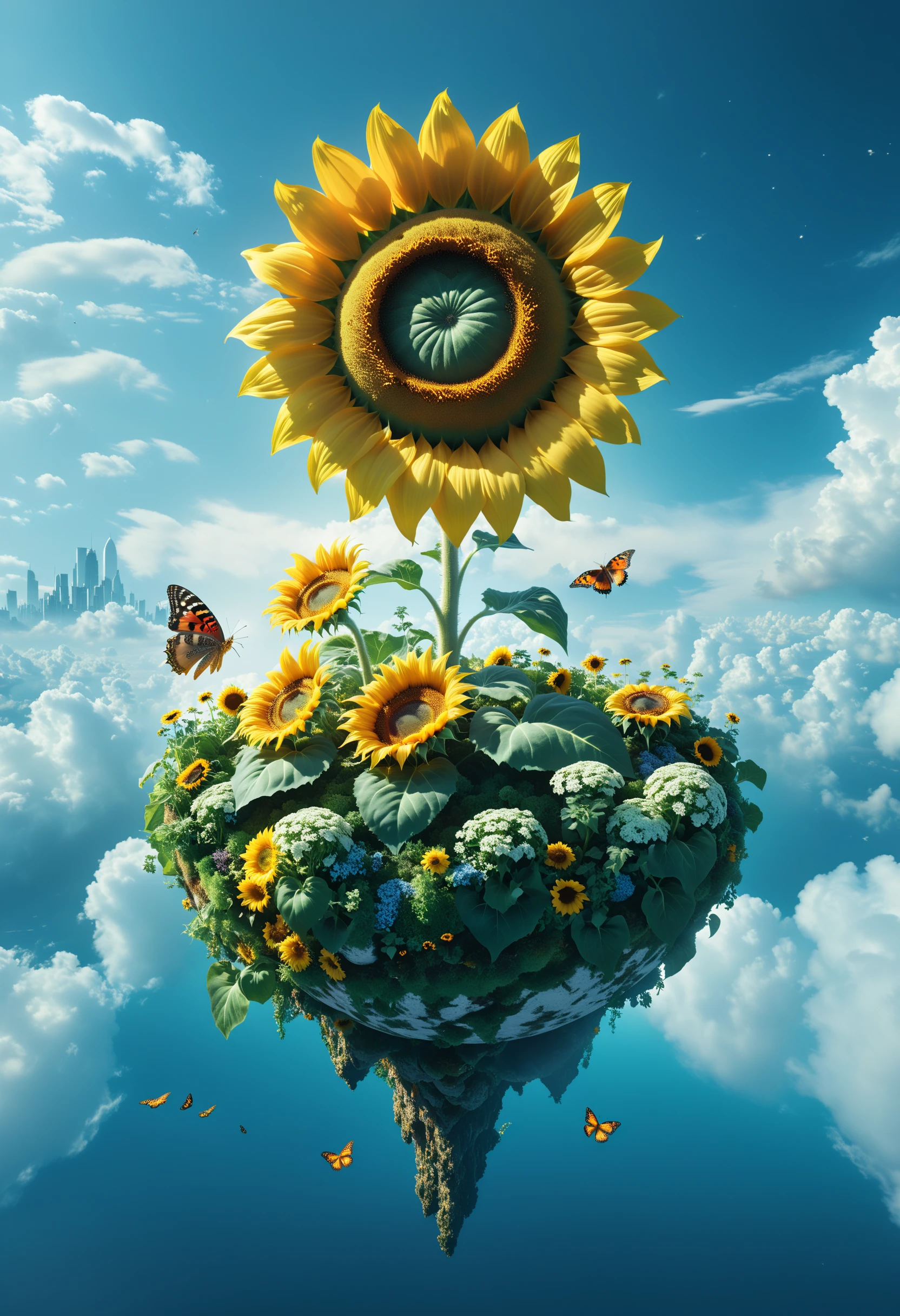 cinematic photo surreal, a floating island with Wonderland Garden, aesthetic, The island suspended in the sky. Inside there is an megalophobia gigantic sunflower,(Butterfly:0.7), It is a hyper-realistic science fiction style, ethereal illustration. conceptual digital art,<lora:xl_floating:0.7> . 35mm photograph, film, bokeh, professional, 4k, highly detailed