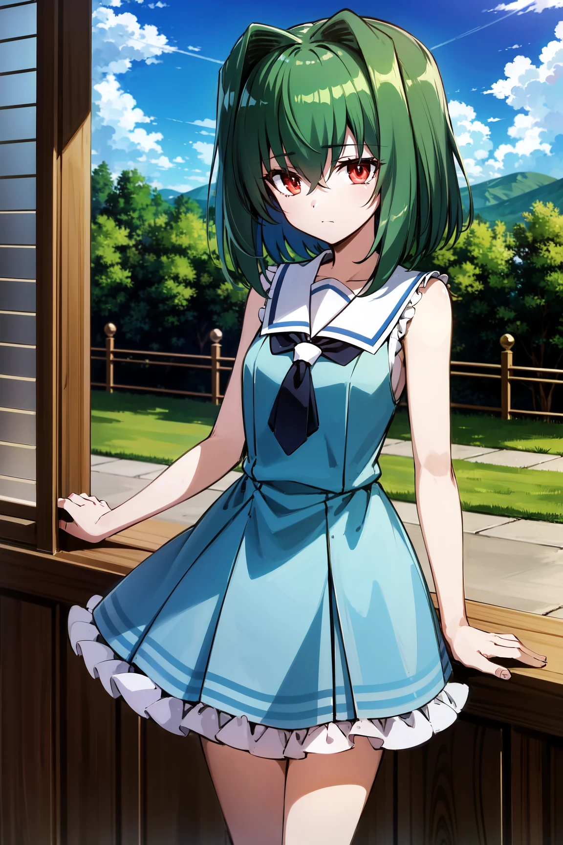 <lora:OmaHimaStylev51:0.8>,(best quality:1),absurdres,uhd,8k,magnum opus,volumetric shadows,isometric lighting,anime,solo,facing viewer,Shizuku,green hair,hair intakes,red eyes,slit pupils,blue sundress,frills,sailor collar,white collar,grass,sky,trees,clouds,standing,looking at viewer,expresionless,closed mouth,light frown,half-closed eyes,