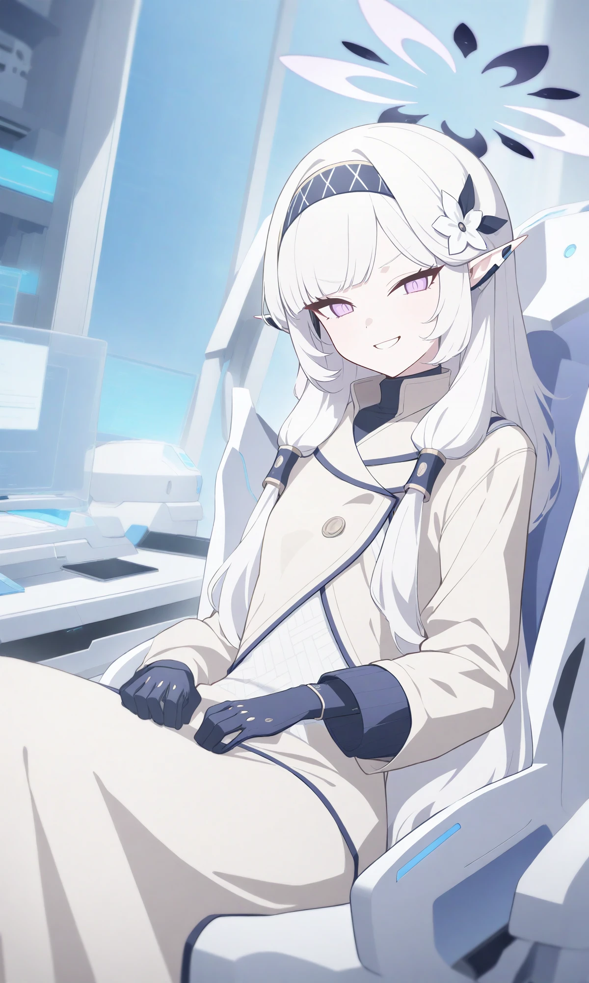 blue_theme 1girl himari_\(blue_archive\) smug_expression looking at viewer purple_eye best_quality newest absurdres highres close-up sitting_in_a_chair_with_headphones_on elven_character_with_smirk in_futuristic_laboratory_room white_tunic hacking_into_the_mainframe indoors solo long_hair wheelchair pointy_ears flower hair_flower hair_ornament sitting hairband halo gloves monitors chair white_hair bangs dress very_long_hair long_sleeves indoors