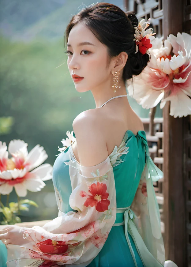 arien photography, chinese art photography, 1girl, solo, jewelry, earrings, black hair, hair ornament, blurry background, dress, blurry, upper body, bare shoulders, long hair, profile, off shoulder, green dress, closed mouth, realistic, red lips, chinese clothes, from side, lips, half-closed eyes, from behind, makeup, flower, eyelashes, off-shoulder dress, aqua dress, watermark, hair flower,  <lora:BIGFLOWERS:0.85>