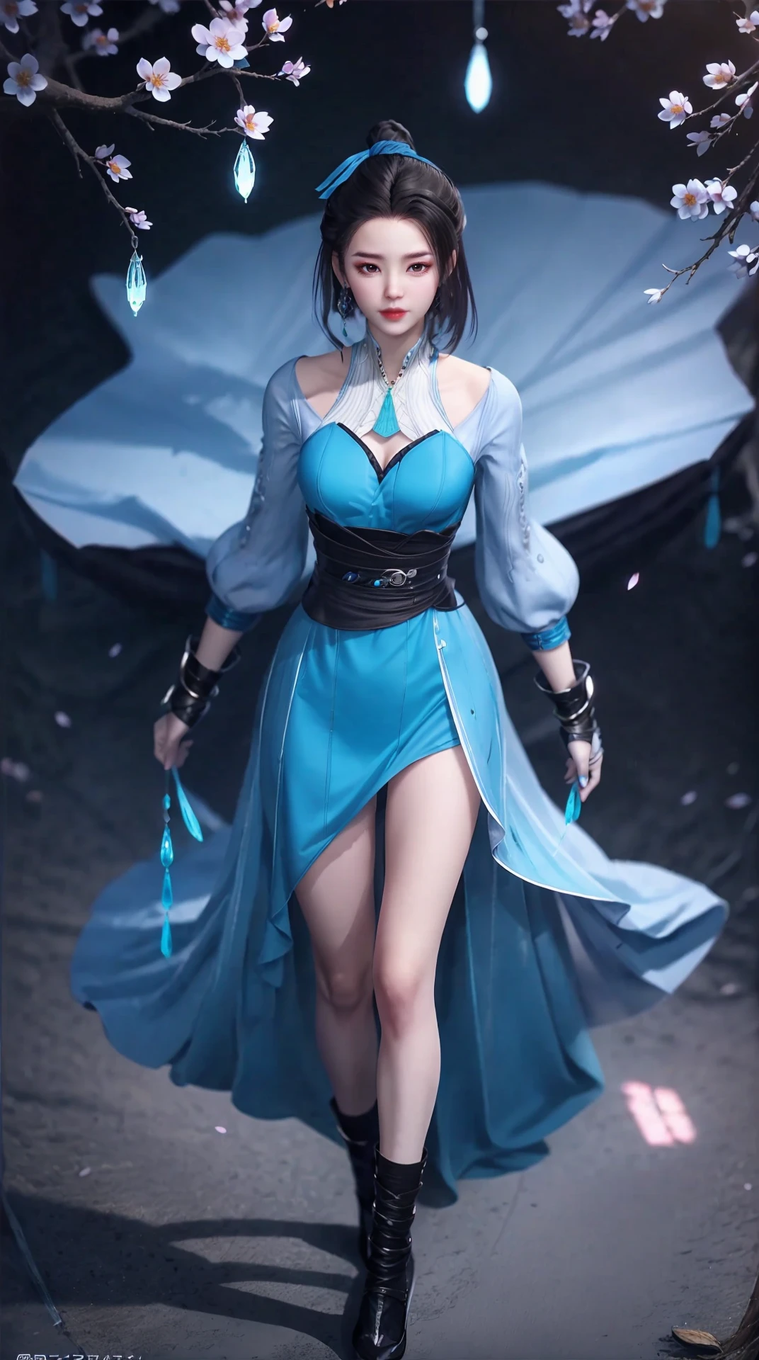 <lora:jmai_20240227191815-0000010:0.8>,blue_dress,panorama,full_body,exploring cherry blossom branches,wonderland,light blue element,night,side light shining on the face,