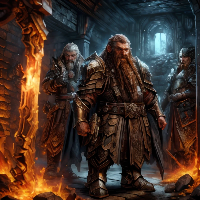 (masterpiece:1.2), (best quality,:1.2), 8k, HDR, ultra detailed, ((photorealistic)), perfect anatomy, professional light, cinematic lighting, fashion photography, ambient lighting,<lora:detail_slider_v4:3>, OverallDetail, a dwarf, long beard, wearing intricate armor, belt, cape, DwarAr, <lora:DwarvenArmor:0.7>, in an underground hall with a dwarven forge and furnace, fire, lava, smithy, DwaRe, <lora:DwarvenRealms-10:0.5>, in the style of Tolkien, Middle Earth, Moria, ((perfect hands)), <lora:Fantasy_warriors_-_by_HailoKnight:0.4>, epiCPhoto