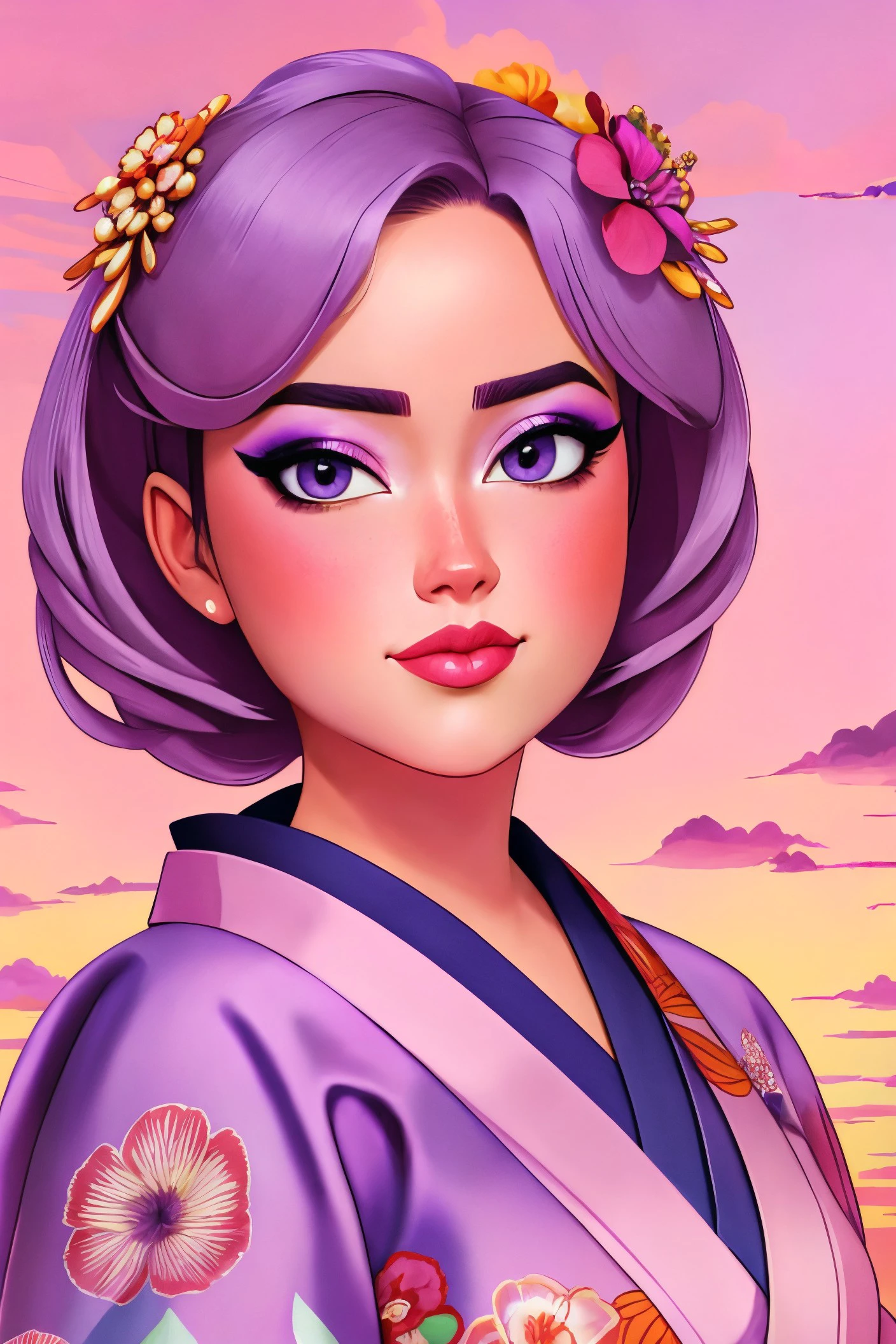 Anjelika Fotson standing close up, young, makeup, funny,
beautiful face, masterpiece, highres, cartoon, pixar, animation,
uchikake (wedding kimono),
Lavender fields and soft sunset hues, 
 <lora:anjelika_fotson:0.75>