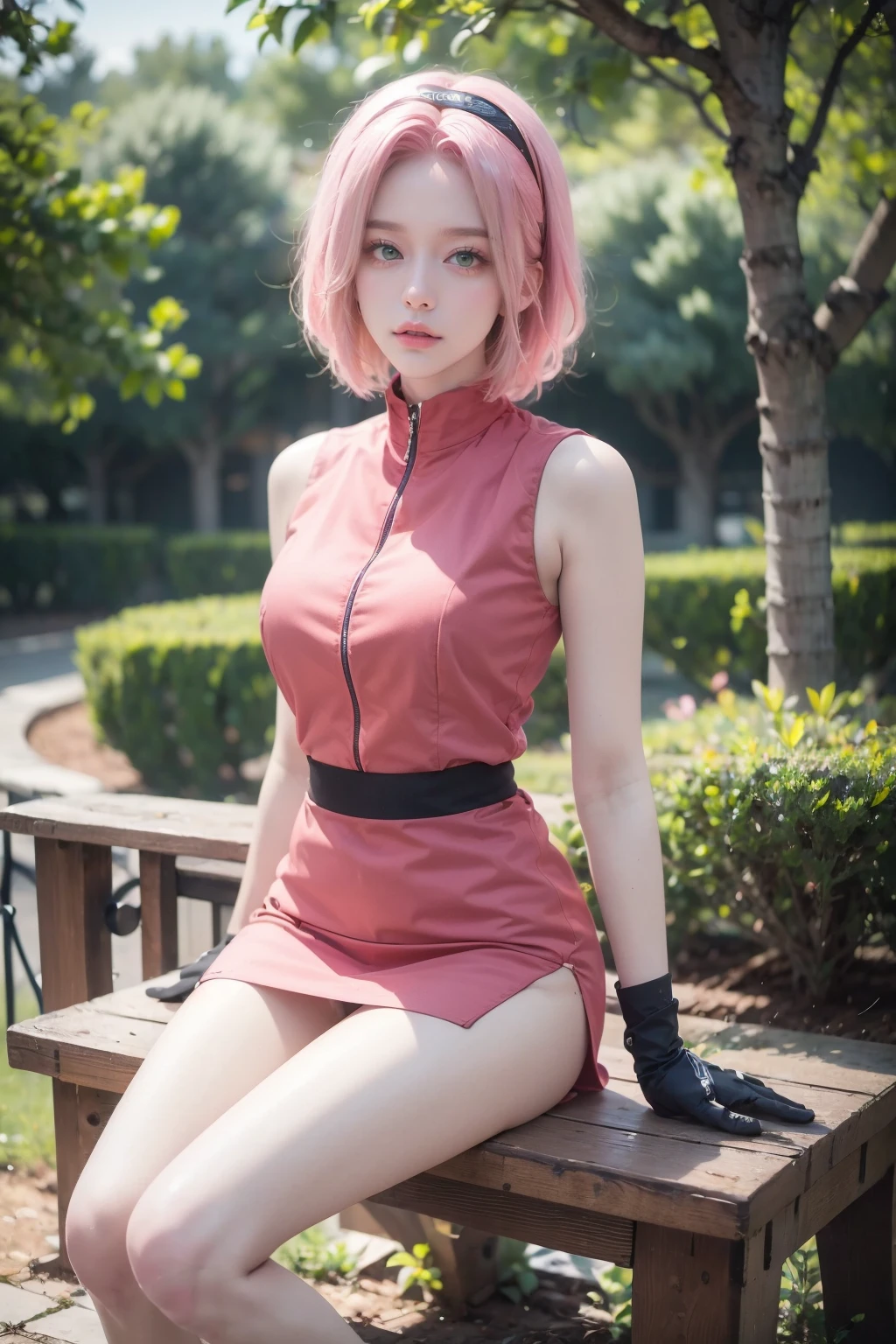 <lora:xiaoyin-6:0.8>,(face lighting:0.8),bright backlight,medium breasts,super high resolution,best quality,Photos,4k,(Realistic:1.2),xiaoyin,1girl,pink hair,short hair,green eyes,hairband,gloves,thigh,sleeveless,skirt,outdoor,sit down,