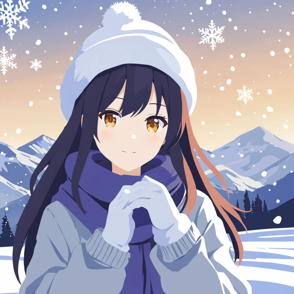 (masterpiece:1.2), (best quality:1.4), vector-artstyle, flat color, 1girl, solo, long hair, bangs, looking at viewer, sweater, snowing, snowflakes, mountain, gloves, <lora:Perfect Hands:0.8>, <lora:neg4all_bdsqlsz_xl_V7:1>, <lora:vector-artstyle-000003:0.8>