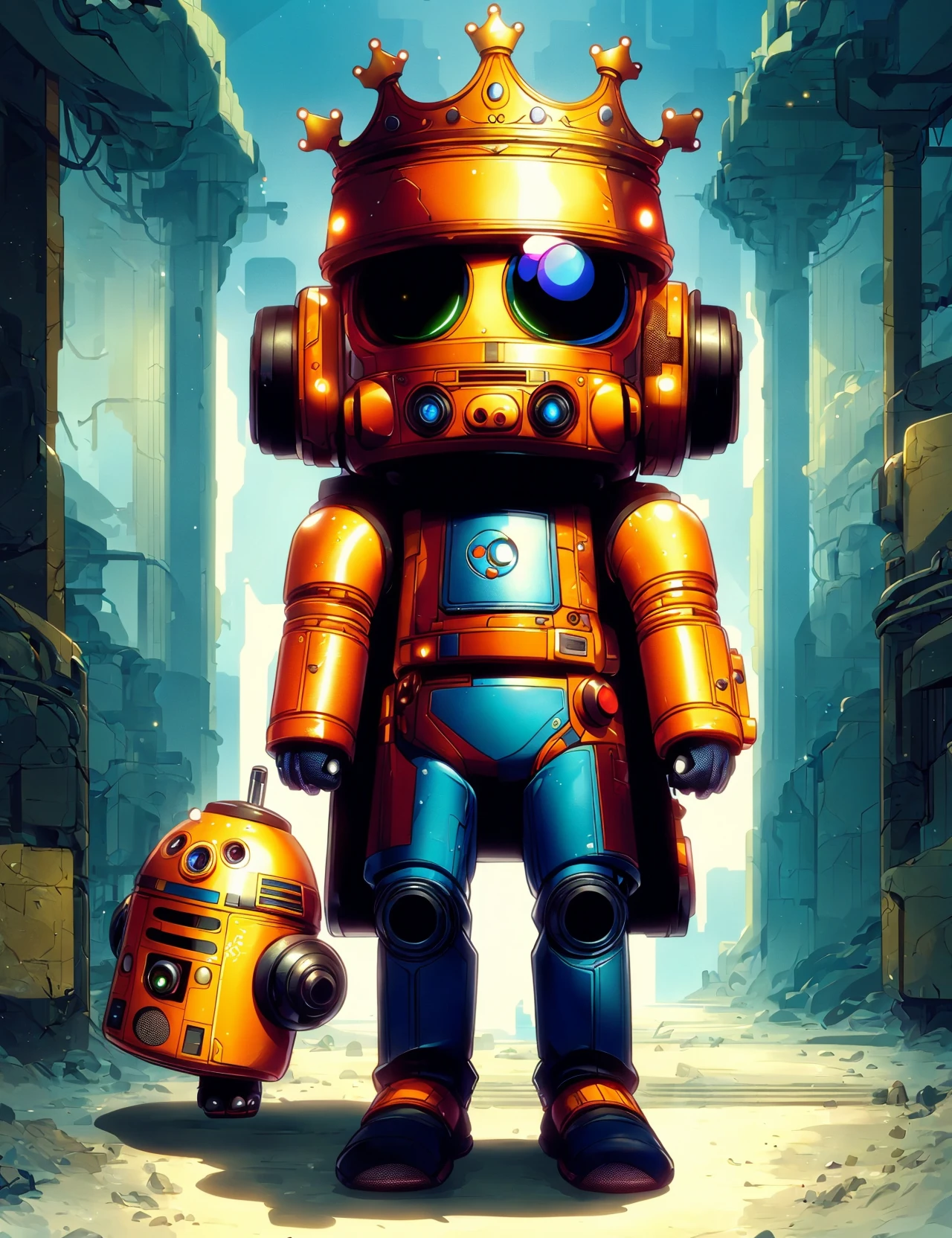 masterpiece, awesome quality, hyper detailed, DonMCu73T00n, male dum-series pit droid, techwear fashion designer,, crown, <lora:DonMCu73T00n:0.8>
