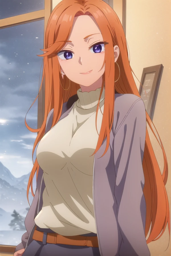 maifuyuki, <lora:mai fuyuki s1-lora-nochekaiser:1>,
mai fuyuki, long hair, orange hair, (purple eyes:1.1), (forehead:1.2), smile, 
BREAK earrings, hoop earrings, skirt, jacket, belt, sweater, turtleneck, red nails, turtleneck sweater, grey jacket, grey sweater,
BREAK indoors,
BREAK looking at viewer, (cowboy shot:1.5),
BREAK <lyco:GoodHands-beta2:1>, (masterpiece:1.2), best quality, high resolution, unity 8k wallpaper, (illustration:0.8), (beautiful detailed eyes:1.6), extremely detailed face, perfect lighting, extremely detailed CG, (perfect hands, perfect anatomy),