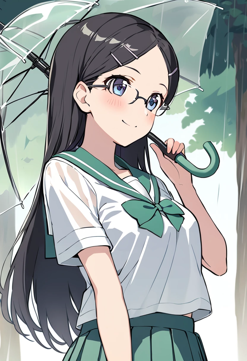 1girl, saitou kaede, school uniform, long hair, hair ornament, black hair, serafuku, hairclip, blue eyes, solo, glasses, pleated skirt, blush, short sleeves, green skirt, white shirt, green sailor collar, standing, closed mouth, green bow, smile, green neckwear, cowboy shot, bowtie, outdoors, holding umbrella, transparent umbrella, hand up, rain, looking at another, looking away <lora:saitou_kaede_sdxl_locon_ani_v1:0.7>