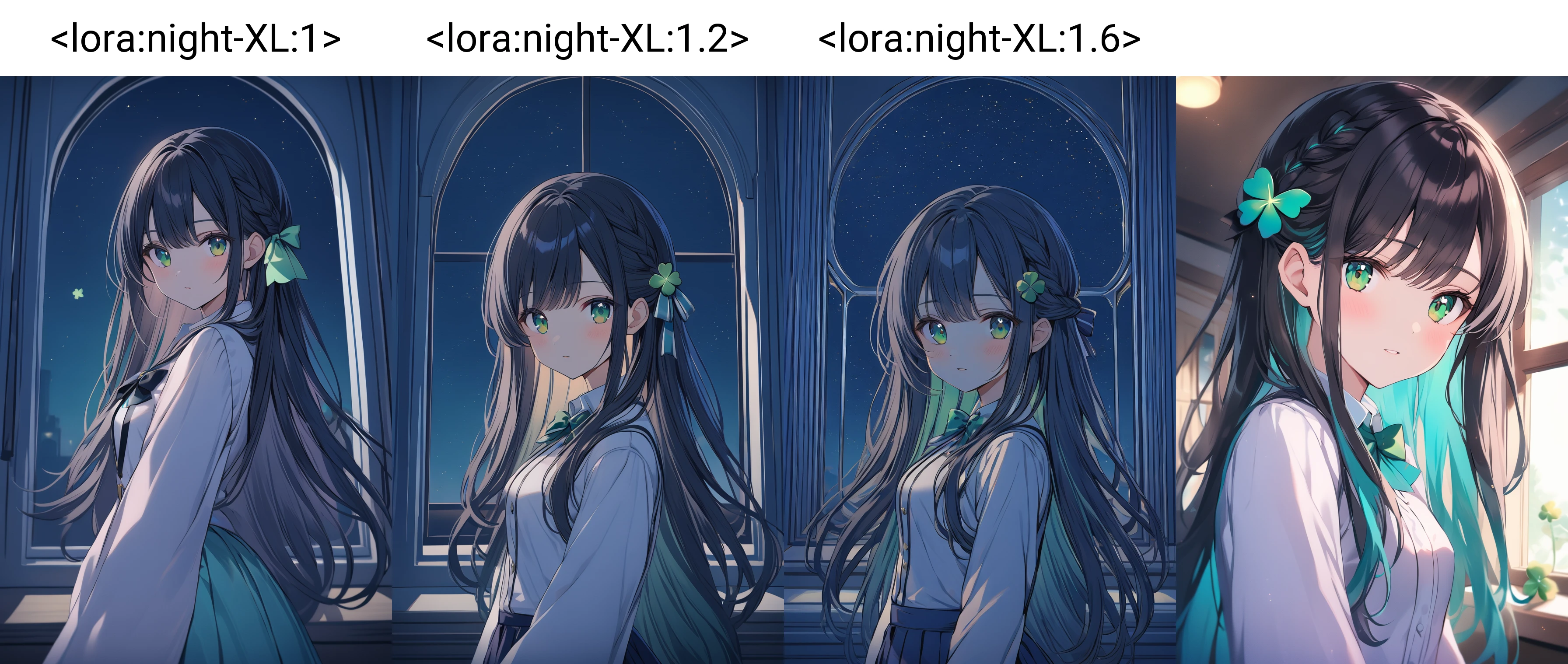 (long hair:1.2),french braid,sidelocks, short braid,four-leaf clover,green eyes,small breasts, black hair,bowtie, looking at viewer,tress ribbon, hair bow,indoors, window, lunatone, <lora:night-XL:1>