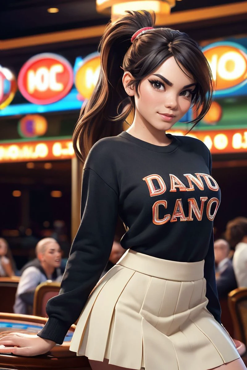 photo of S334_KeilaniKita,a stunning woman,in a (casino),wearing a (crewneck-shirt:1.1),(long-skirt),(ponytail),(4k, RAW photo, best quality, depth of field, ultra high res:1.1),(absurdres, intricate, photorealistic, masterpiece, ultra-detailed:1.1),