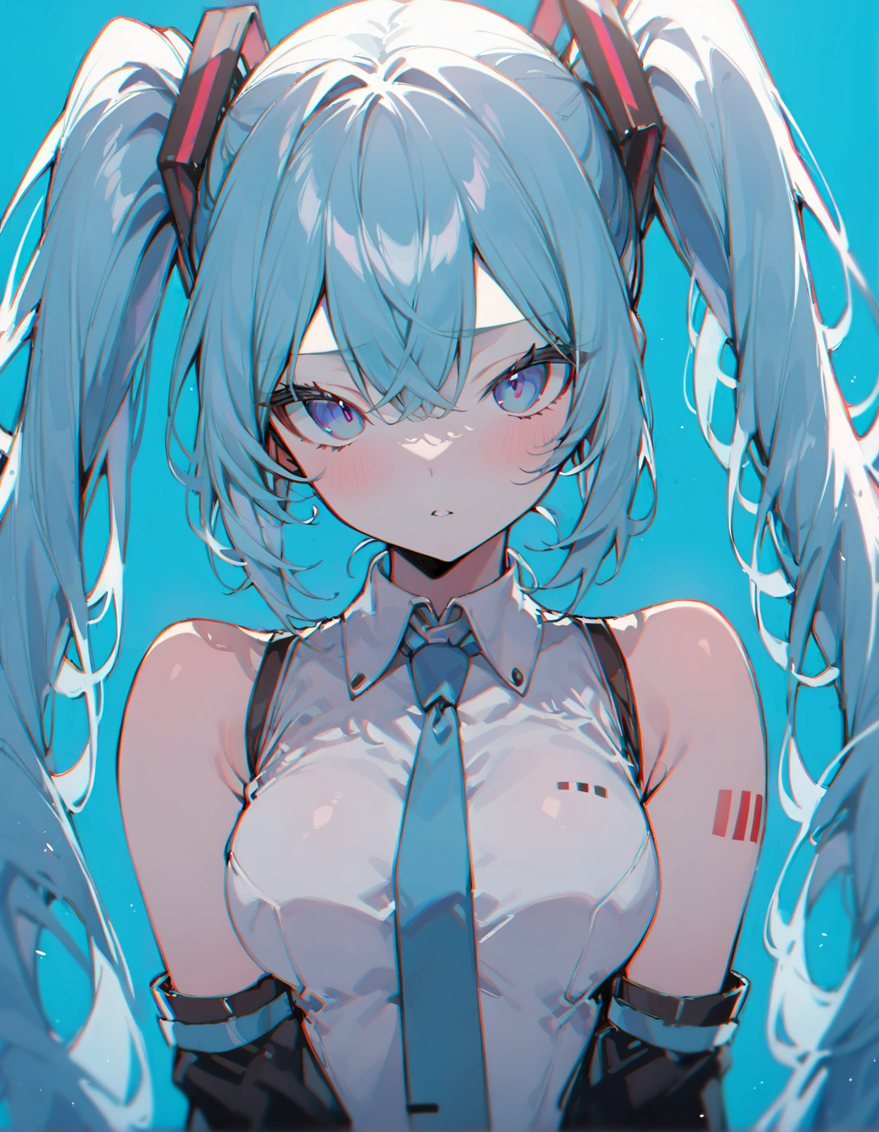 1girl, solo, twintails, long hair, shoulder tattoo, aqua hair, aqua background, detached sleeves, bar censor, shirt, sleeveless, sleeveless shirt, necktie, looking at viewer, upper body, bare shoulders, very long hair,
masterpiece, best quality,
<lora:Anonymous_M:1>
<lora:aesthetic_anime_v1s:1>