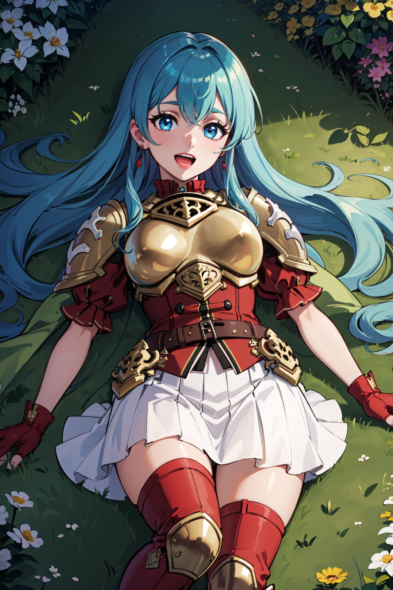 Lying on the stomach, legs kicked up in the air,feet out of frame,;d, <lora:DefaultEirika1:0.8>,def_eirika,armor, white skirt, breastplate,  yellow cape, zettai ryouiki, fingerless gloves, thighhighs, thigh boots, jewelry, earrings, puffy short sleeves, shoulder armor,belt,red shirt,garden,castle,outdoors,(masterpiece, best quality, ultra-detailed, best shadow)