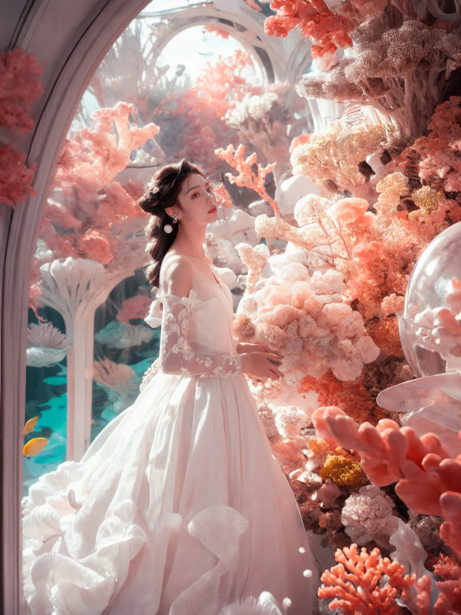 (dream scene:1.2),(fashion shooting:1.2),
(holy elegant princess:1.3),(full body photo:1.1),stand,fashion clothing design,white dress,(coral hair accessories:1.1),exquisite pearl jewelry,clear tulle,black curly hair,
<lora:Pink coralçç æ_v1.0:0.8>,Pink coral,lots of corals,swimming fish,
<lora:duobabaè²å½©çå¼¹:0.4>,pink atmosphere,(rembrandt light:1.13),soft natural light,, masterpiece:1,2), best quality, masterpiece, highres, perfect lighting