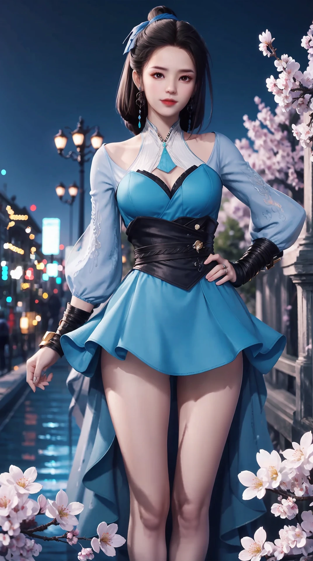 <lora:jmai_20240227191815-000008:0.7>,blue_dress,panorama,full_body,exploring cherry blossom branches,wonderland,light blue element,night,side light shining on the face,