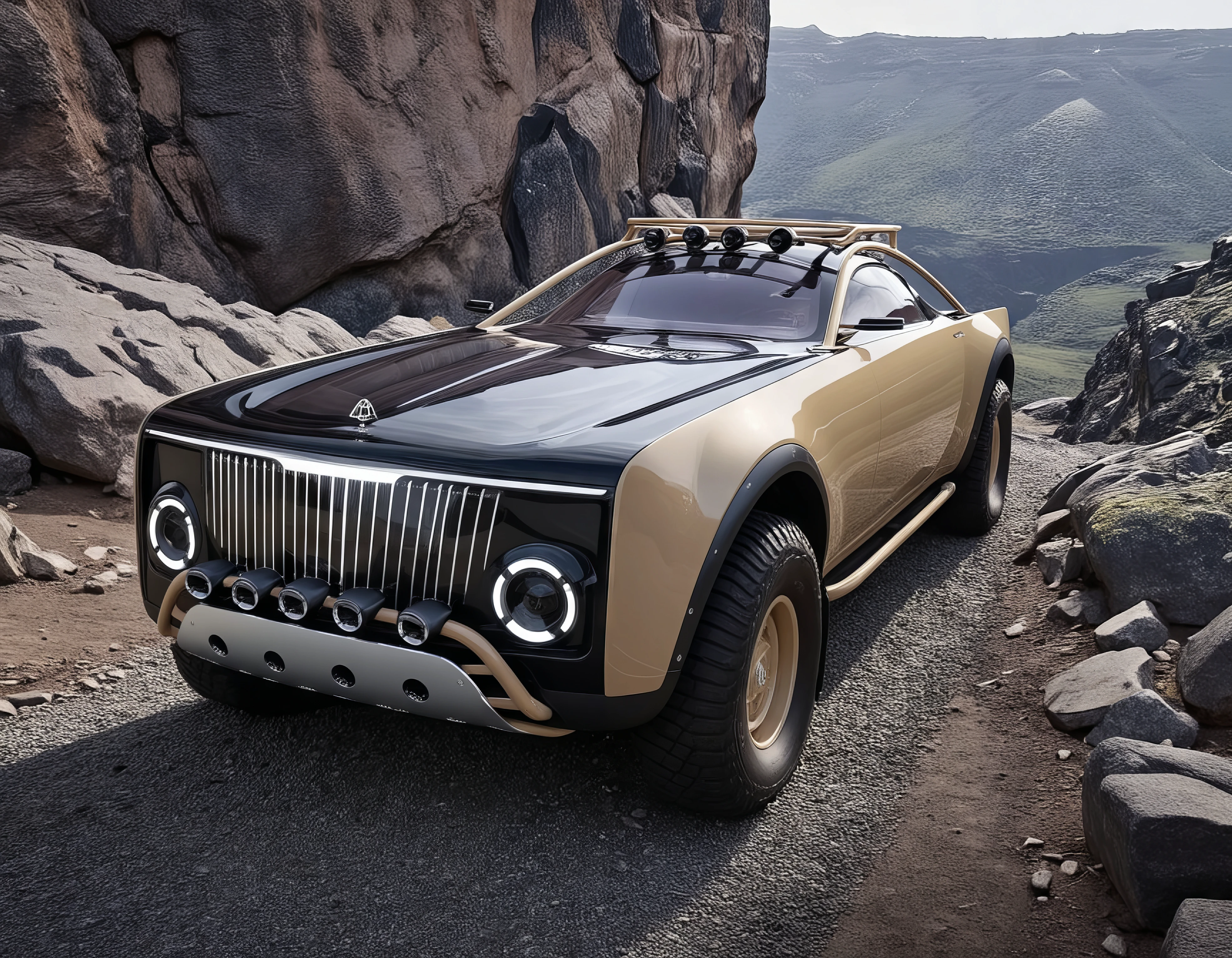 maybach,front view of the car, A beige and black off-road vehicle is,  positioned dramatically on rugged terrain, surrounded by gnarled tree roots and rocks, suggesting an off-road setting. The background features a moody and dramatic sky, with dark clouds and a patch of light illuminating the landscape, creating a sense of impending adventure or challenge. The vehicle, known for its luxury and off-road capability, stands out against the wild, natural environment, symbolizing strength and resilience. The composition emphasizes the car's ability to navigate tough, untamed landscapes, while still retaining an air of elegance and power.