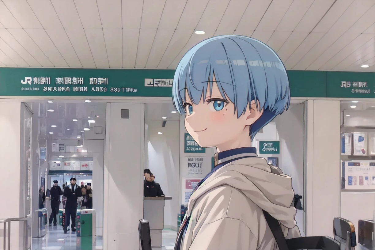 best quality,masterpiece,ultra high res,
1boy, solo,mole under eye, male focus, looking at viewer, upper body, anime coloring, happy, smile, from side, 
higashikaisatsu, shinjuku, entrance, scenery, indoors, real world location
 <lora:shinjuku_higashikaisatsu_SD15_V1:0.8>  <lora:himmel_sousou_no_frieren:0.7> himmel_sousou_no_frieren blue hair blue eyes