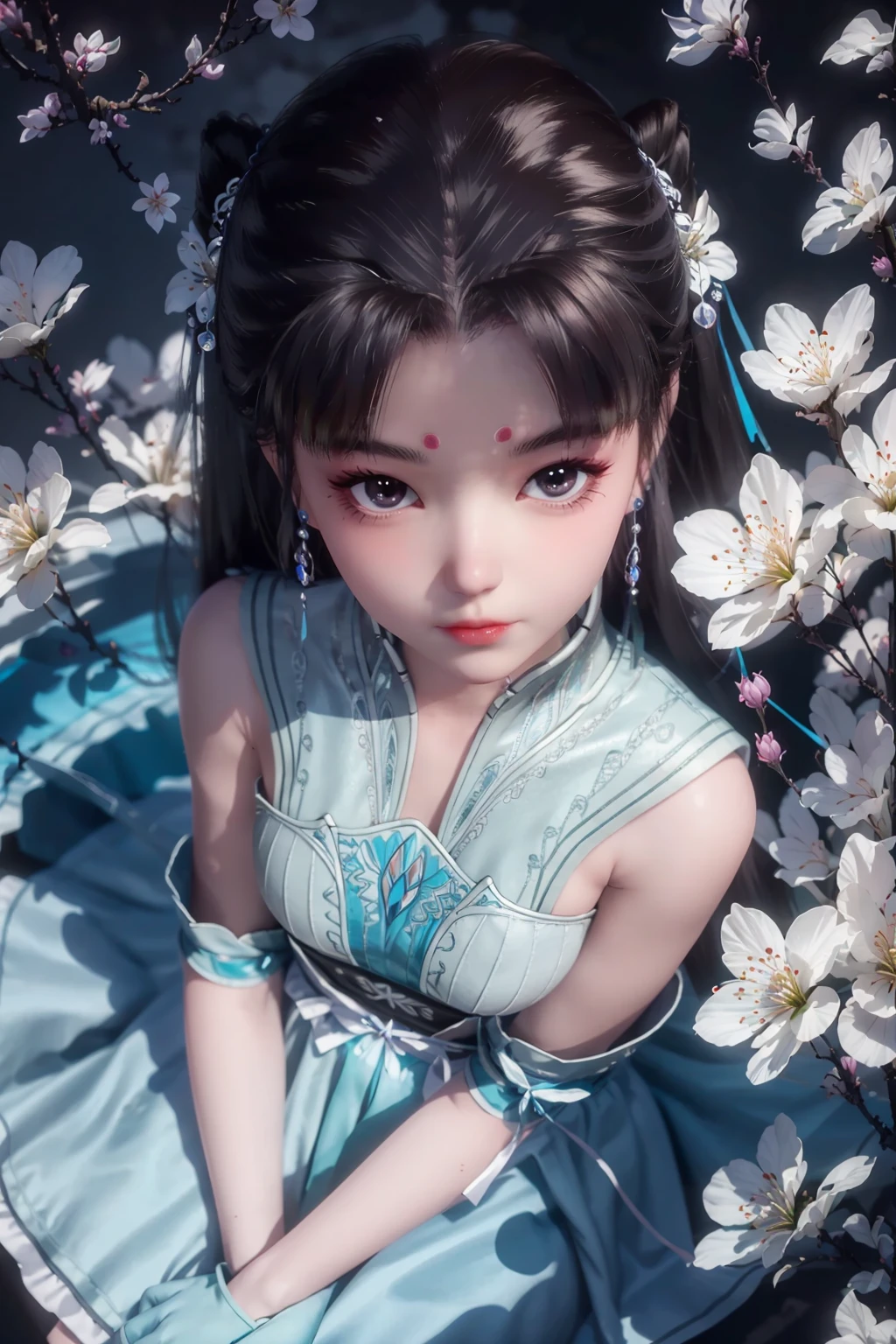 full_body,<lora:jmai_20240223145209-000008:0.7>,blue_dress,lle,a girl appeared at the front,panorama,exploring cherry blossom branches,wonderland,light blue element,night,side light shining on the face,