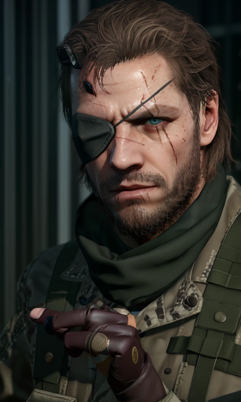 vensnamgsv2024, 1man, cinematic lighting, depth of field, 1 eyepatch, scars, best quality, photorealistic, masterpiece, 5 fingers, green eye, shrapnel in forehead, army uniform, scarf,