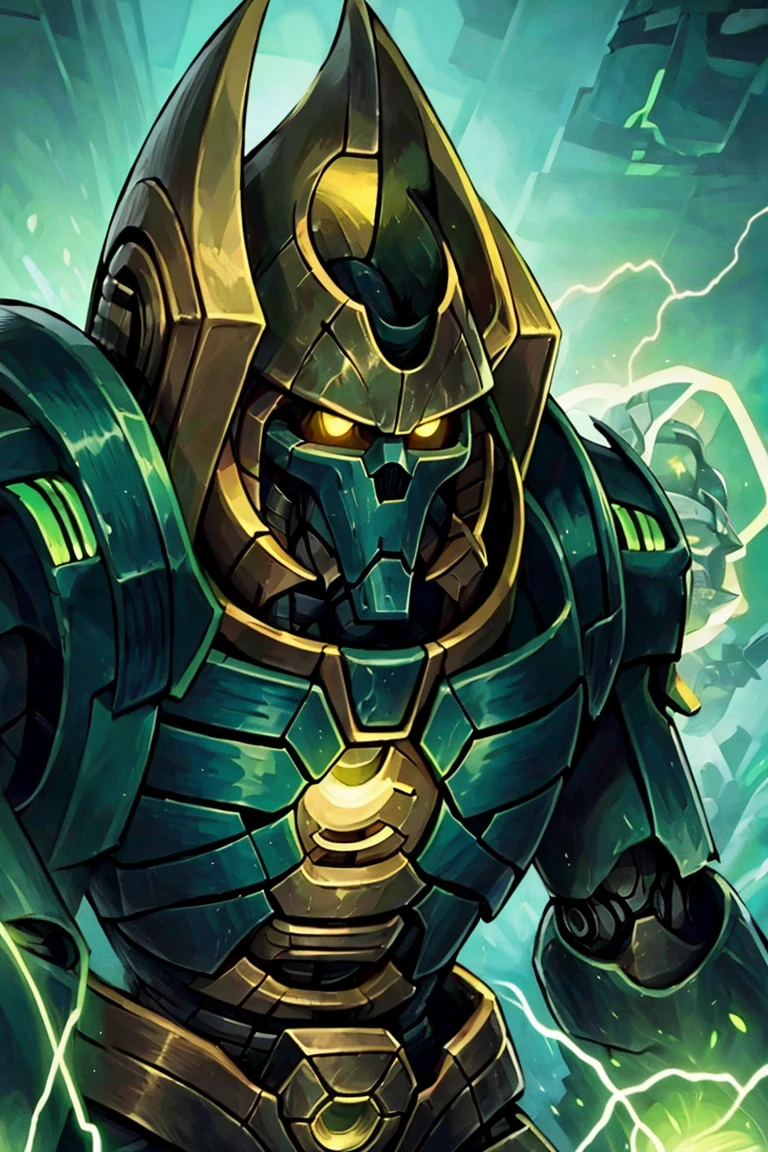 ((masterpiece,best quality)), anime style, <lora:Necron_Lord:0.7>, (detailed robot face, glowing eyes:1.2), Necron Lord, looking at viewer, yellow eyes, upper body, male focus, no humans, helmet, power armor <lora:Necron_Architecture:0.5>, electricity, green glow, green theme,