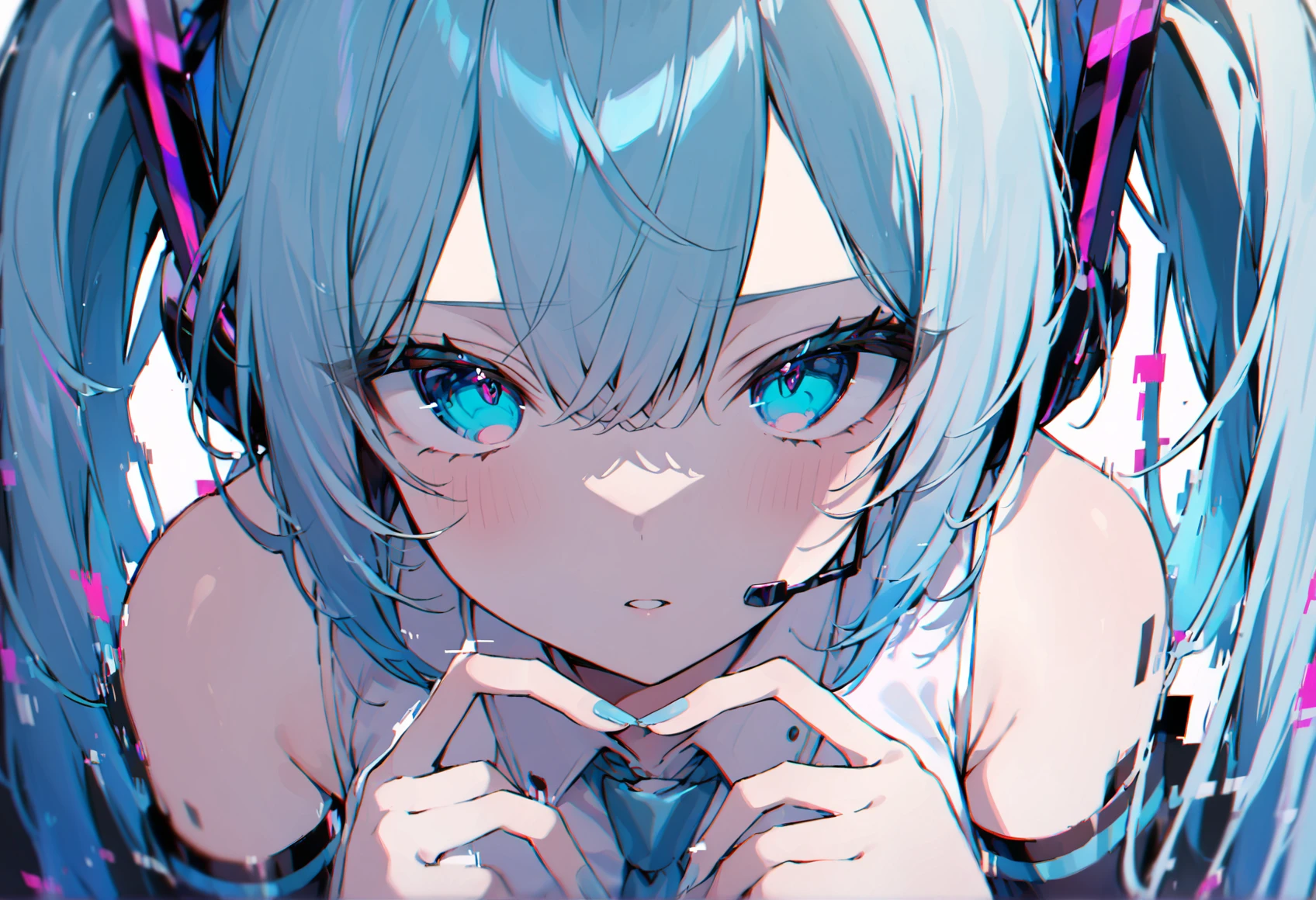 nail polish, twintails, detached sleeves, necktie, shirt, 1girl, long hair, aqua eyes, aqua hair, headset, glitch, hair ornament, close-up, sleeveless shirt, blue nails, aqua nails, shaded face
masterpiece, best quality,
<lora:Anonymous_M:1>