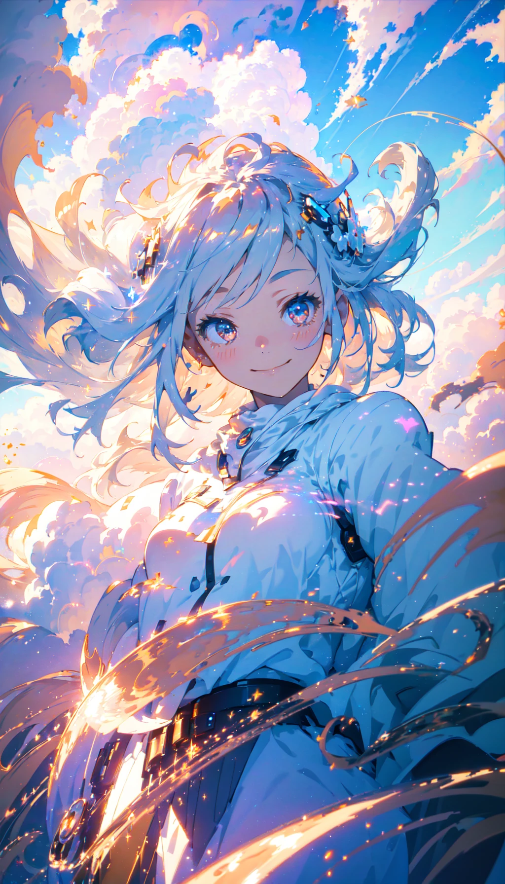 masterpiece, best quality, still, 1girl, floating in the sky, cloud girl, cloud, (close-up:1.1), bright, smug, smirk, happy, fun, soft lighting, volumetric lighting, Bauhaus, shapes, lines, sparkling, glittering, swirling, abstract, expressive