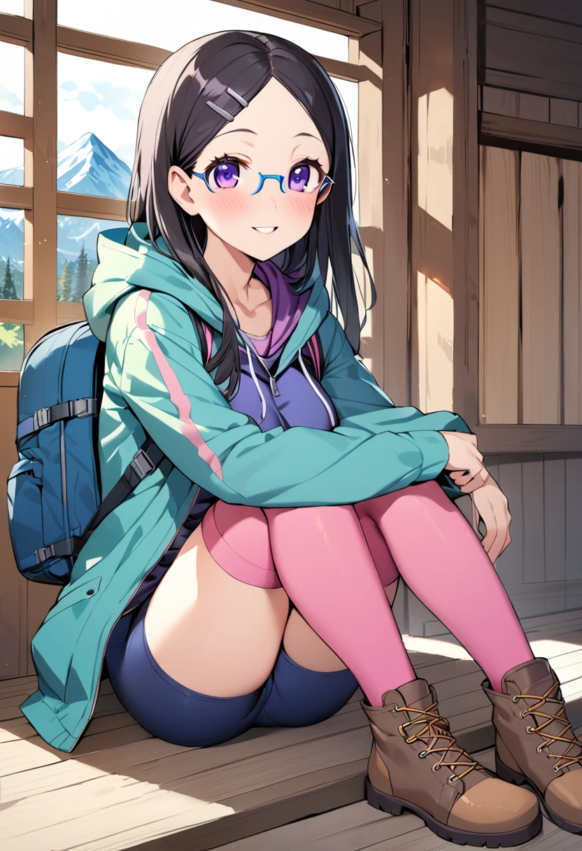 1girl, saitou kaede, solo, hairclip, parted bangs, hair ornament, bike shorts, backpack, hood, long hair, sitting, shoes, large breasts, black hair, smile, boots, cross-laced footwear, brown footwear, socks, looking at viewer, blue eyes, purple eyes, blue-framed eyewear, hooded jacket, black hair, curtains, window, parted lips, coat, full body, blush, indoors, drawstring, pink legwear, mountain hut, summer, masterpiece, best quality <lora:saitou_kaede_sdxl_locon_ani_v1:0.7>