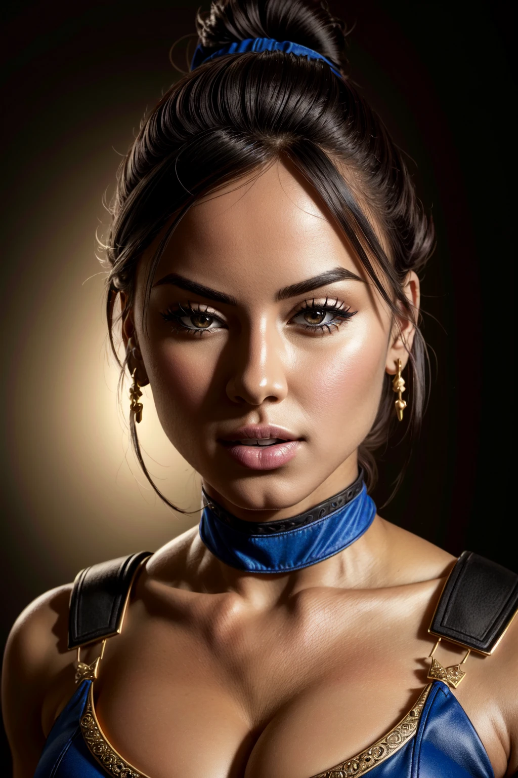 (ultra realistic,32k, masterpiece:1.2),(high detailed skin:1.1),( high quality:1.1), <lora:OGT_Kitana-v1:0.8>Kitana, mk11, 1girl, solo, breasts, brown eyes, lips, hair bun, realistic, cleavage, single hair bun, black hair, jewelry, armor, headband, black hair, upper body, mouth closed, serious <lora:add_detail:0.76>, (ambient lighting:1.1), (soft shaded:1.1)