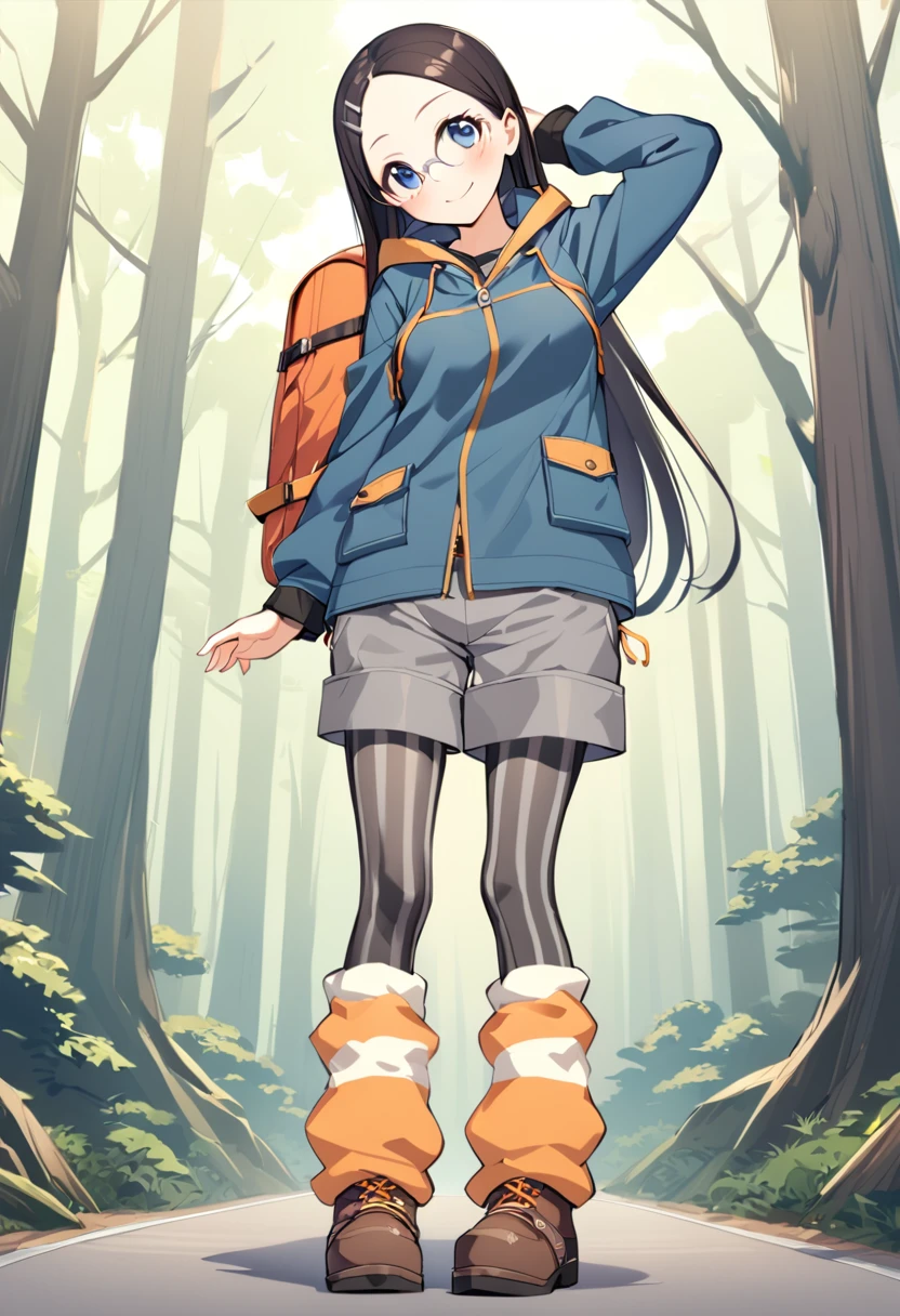 1girl, saitou kaede, solo, hair ornament, smile, hairclip, blue eyes, pantyhose, black hair, full body, closed mouth, brown footwear, standing, grey shorts, blush, long sleeves, black legwear, arm behind head, very long hair, boots, cross-laced footwear, blue jacket, drawstring, arm up, short shorts, legwear under shorts, striped legwear, looking at viewer, grey-framed eyewear, forehead, round eyewear, parted bangs, head tilt, rimless eyewear, socks, orange backpack, grey pants, loose socks, leg warmers, vertical-striped legwear, hand up, outstretched arm, forest, tree, road <lora:saitou_kaede_sdxl_locon_ani_v1:0.7>