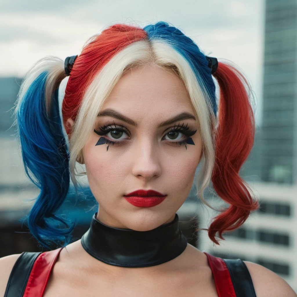 High res closeup portrait photo of an actress dressed as Harley Quinn, f /2.8, Canon, 85mm,cinematic, high quality, skin texture, looking at the camera, <lora:mihandley3_xl_3_standard_merger_43_99_08_02:1>