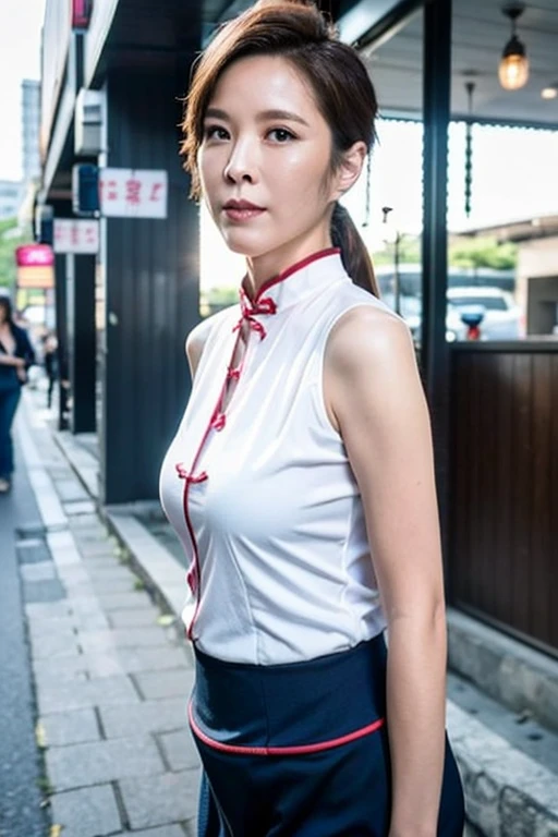 Best quality,masterpiece,ultra high res,(photorealistic:1.2),1girl,low key,slim body,taipei street alley,dynamic pose,face closeup,medium breasts,brown hair,<lora:å°ç£å¥³æ-天å¿_v1.0:0.9>,high ponytail,cheongsam,