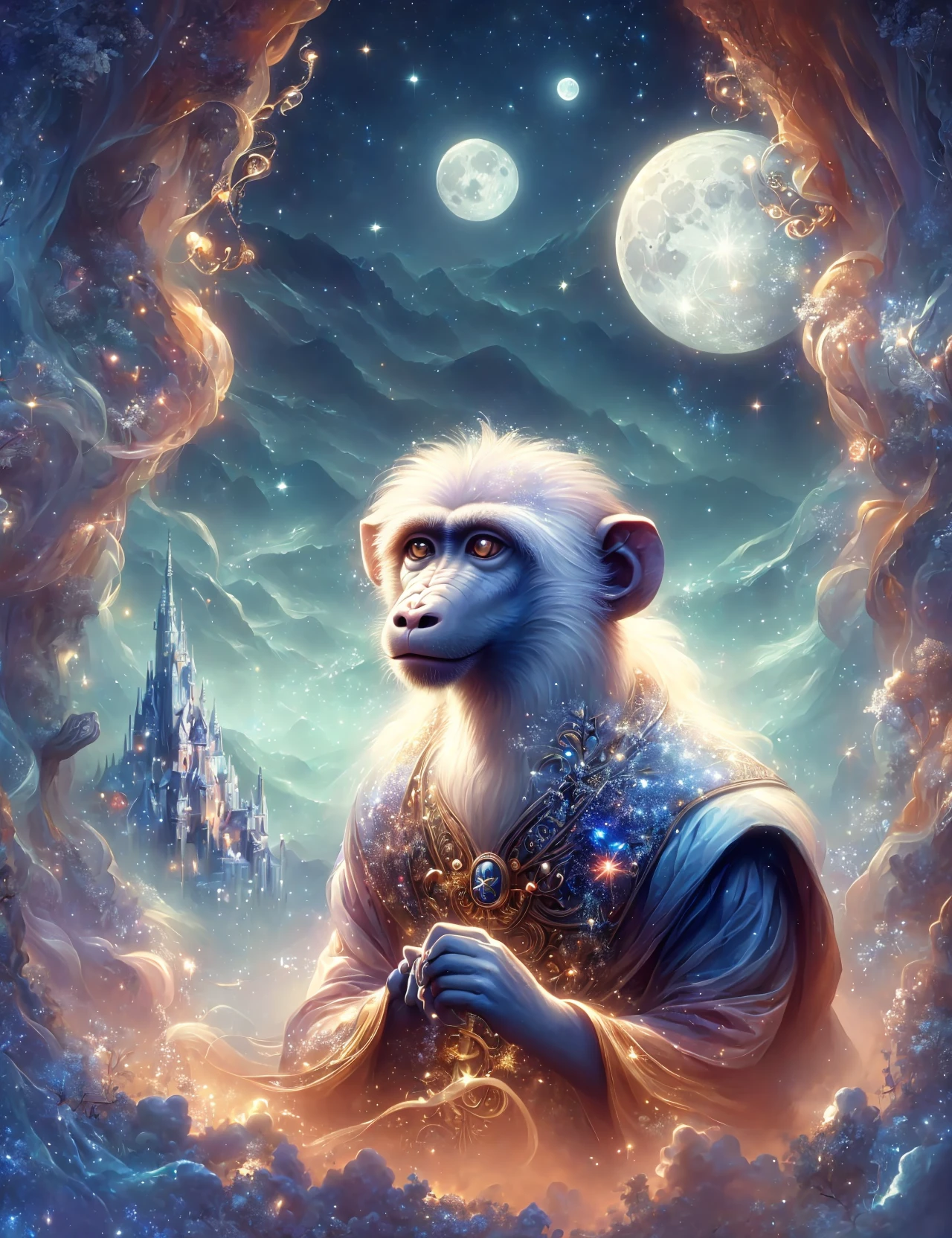 masterpiece, awesome quality, hyper detailed, DonMP4ste11F41ryT4l3, fairytale, bhuta, god of writing, knowledge, magic, depicted as a man with the head of an baboon, keeper of divine knowledge, associated with the moon and reckoning of time, revered as a wise counselor and magician, guardian of sacred texts
, charming,tangled,backward,wondrous,leisurely,unanticipated,scenic beauty,forward-looking,scientific methods,self-regulating , <lora:DonMP4ste11F41ryT4l3-000004:0.8>
