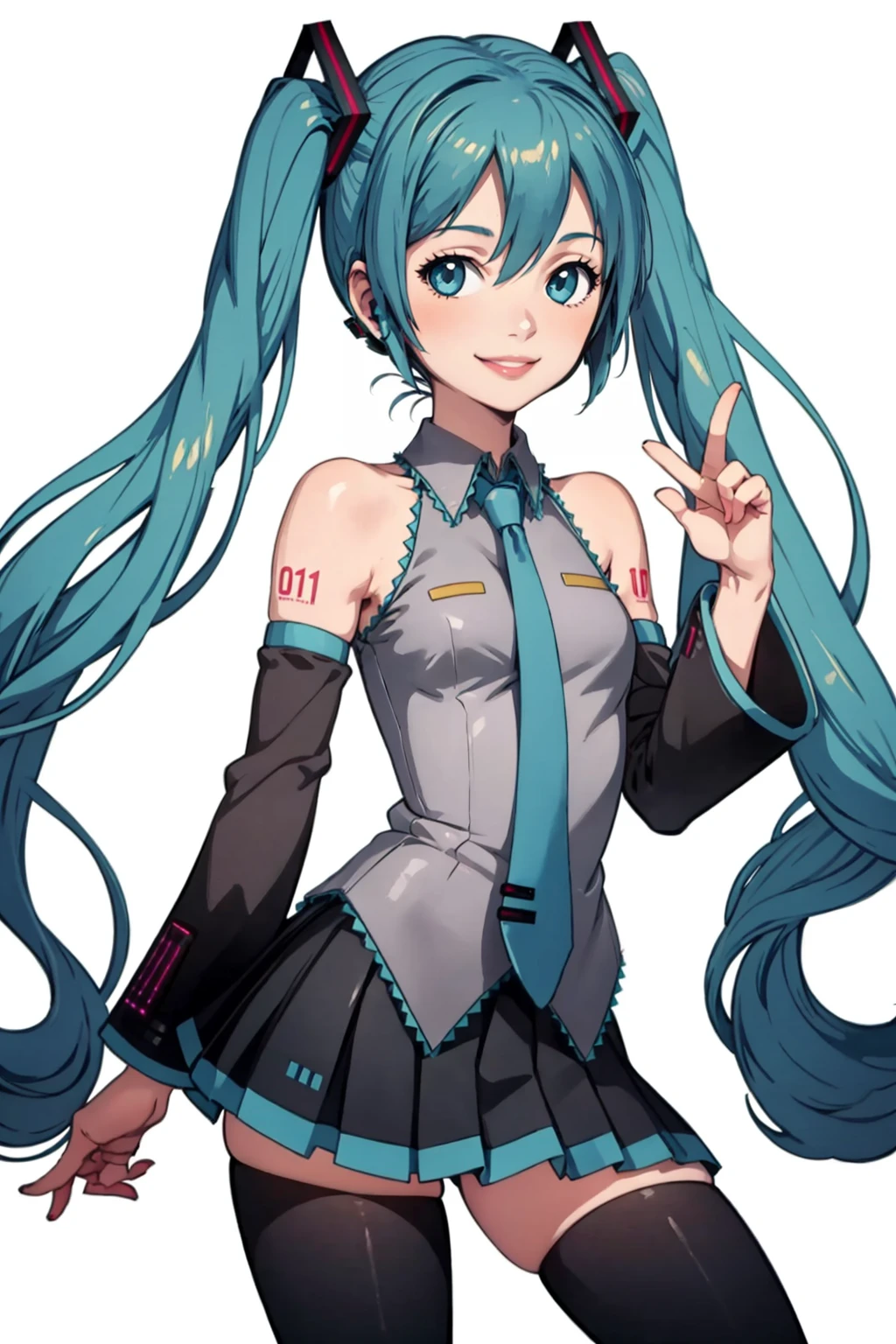 masterpiece, best quality, solo, smile, 1girl, looking at viewer, <lora:DDLC-Style-V2_Fp:0.7>, simple background, hatsune miku,