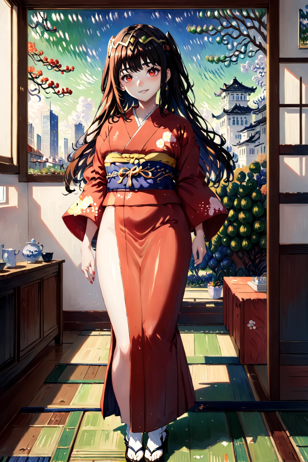 (HDR, raytracing, 8k:1.4)
BREAK art by Monet, tiara, evil smile, Tharja standing in a living room, wearing a red kimono, cityscape, realistic <lora:Double_double:1>