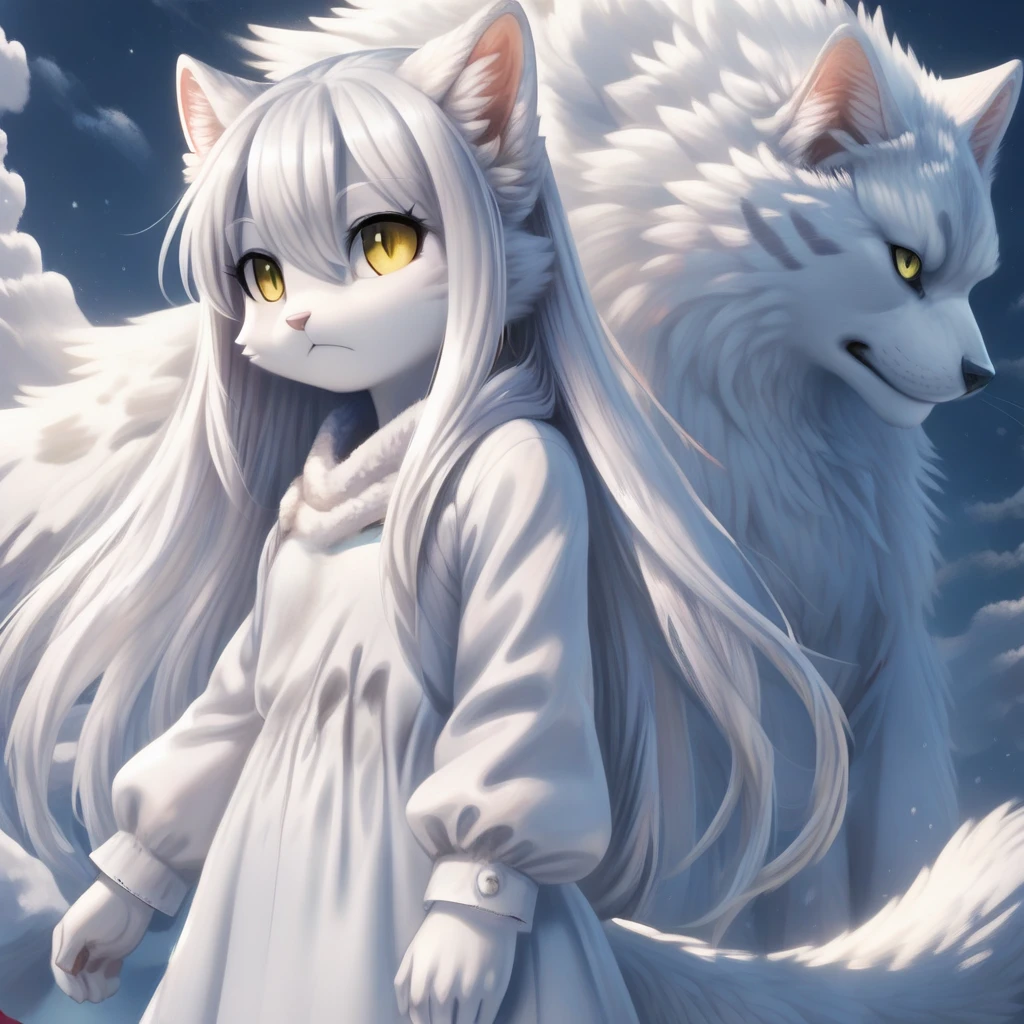 score_7, safe, furry, 1girl , yellow eyes, white hair, very long hair , white_dress, tanuki/wolf, sky, (neon) , bna, brand new animal, 2d, anime <lora:arctic cat girl_LORA:1>