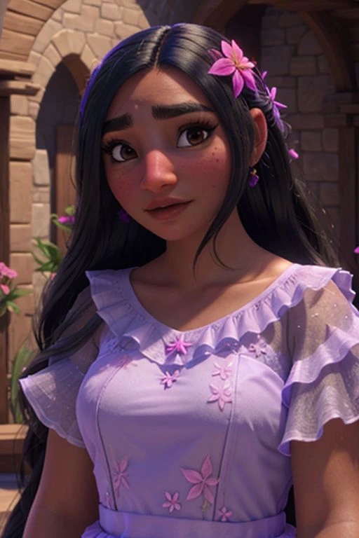 isabela madrigal, dark skin, default outfit, hair flower, upper body <lora:Isabela Madrigal_v1:1>