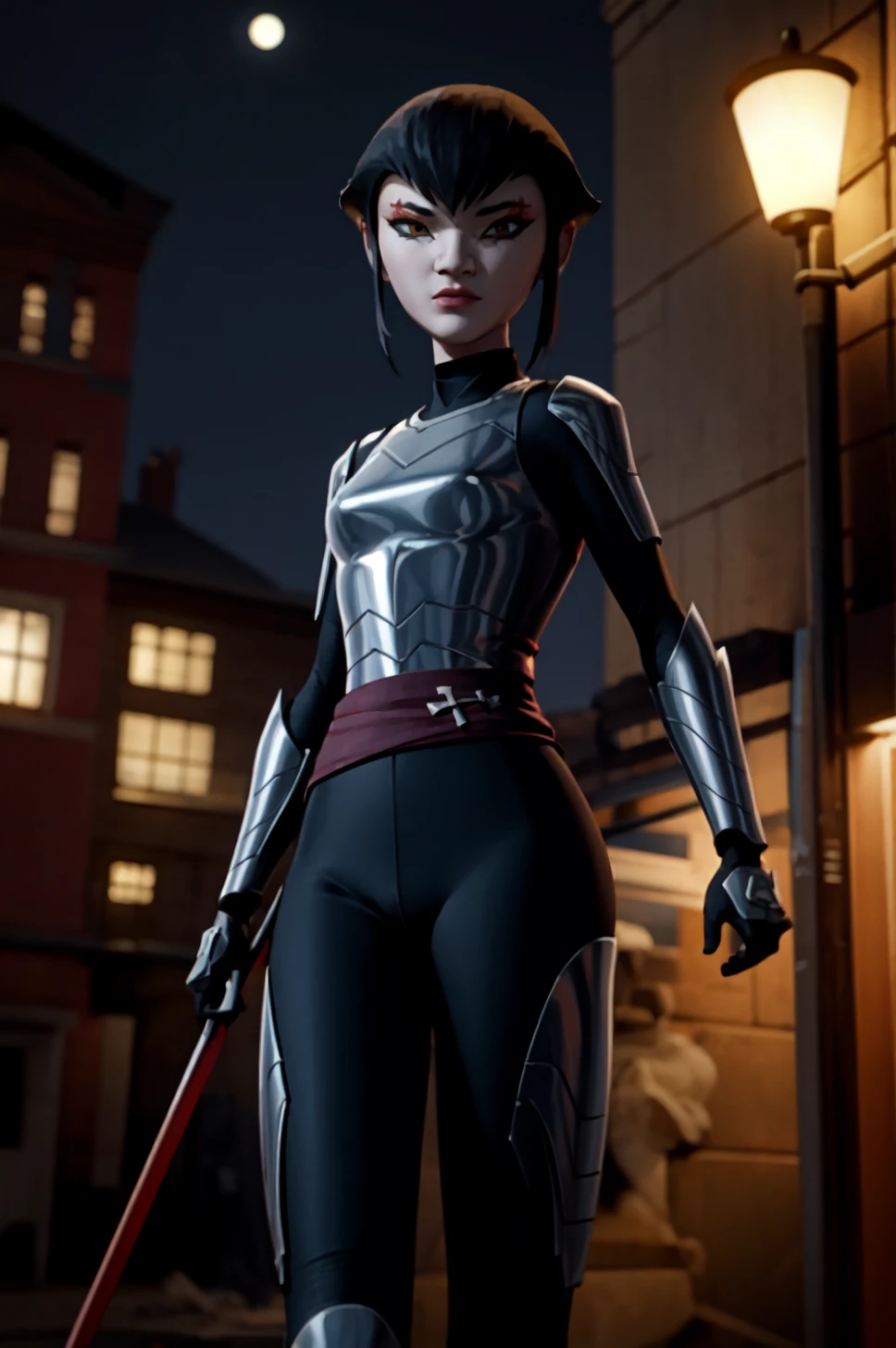 karai, 1girl, solo, outdoors, night, moonlight, perfect lighting, high quality, highres, bodysuit, armor, detailed,