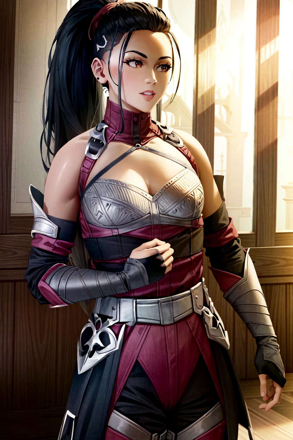 (extremely detailed CG unity 4k wallpaper),(masterpiece),(ultra quality),(ultra-detailed),(best illustration),(best shadow),(absurdres),(detailed background) <lora:OGT_Mileena-v1:1.1>Mileena, human form, human, 1girl, breasts, solo, gloves, black hair, long hair, cleavage, fingerless gloves, bare shoulders, elbow gloves, medium breasts, realistic, indoors, ponytail, front hump ponytail, shaved sides with ponytail, medium breasts, serious