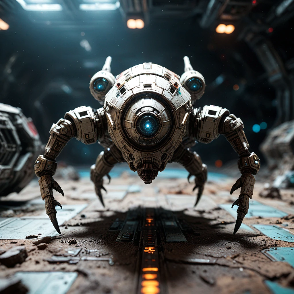 miniature tilt shift photography, a necromorph attacking, Dead Space ship model background, realistic
