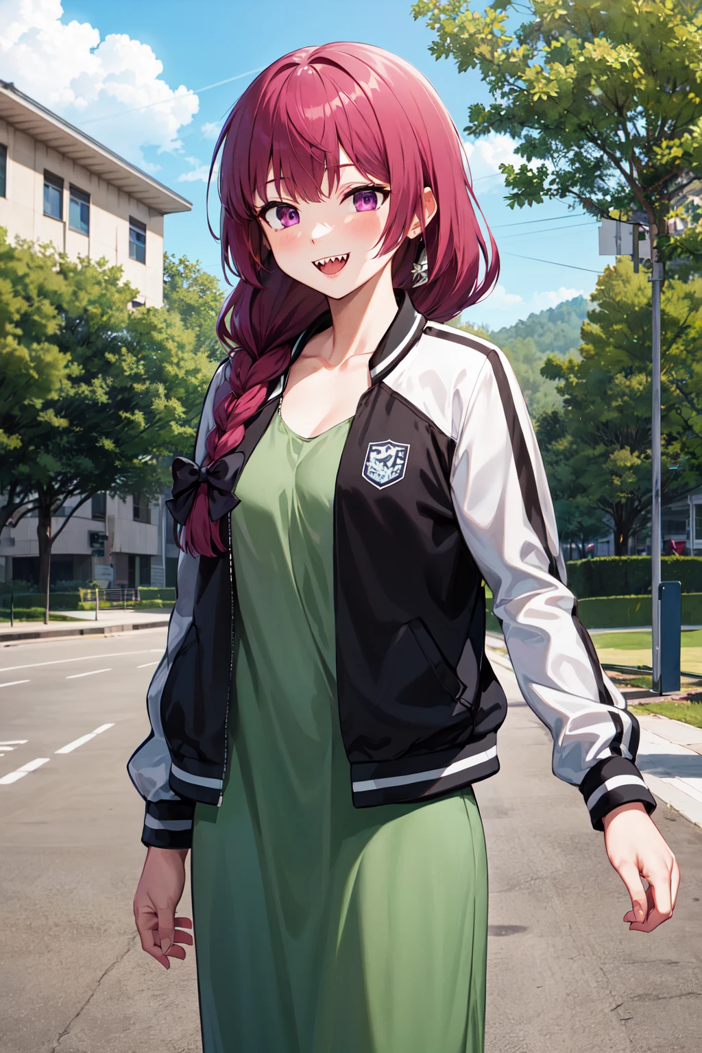 masterpiece, best quality, highres, aakikuri, long hair, single braid, hair bow, hair over shoulder, purple eyes, sharp teeth, medium breasts, green dress, letterman jacket, two-tone jacket, open jacket, long sleeves, <lora:hiroi_kikuri_v1:0.7>, smile, standing, cowboy shot, outdoors