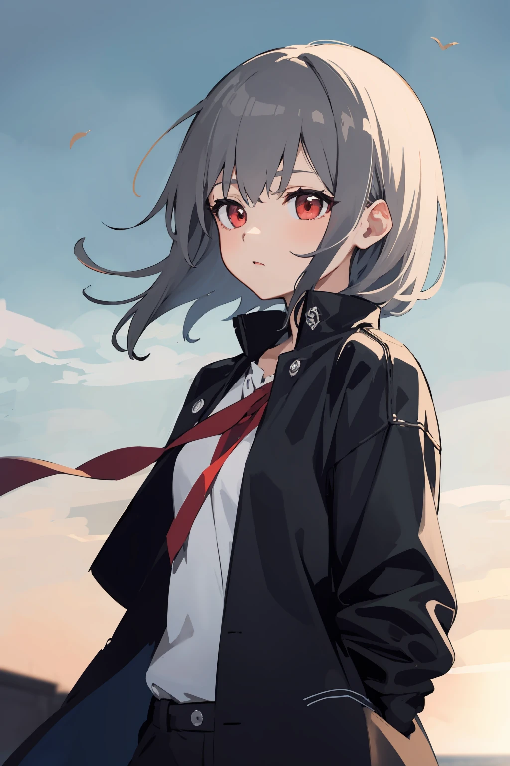 masterpiece,high quality,highres,1girl,solo,<lora:wind-leftside-v1-wasabiya:1>,sidewind,outdoors,,,,(red eyes , grey hair ),medium hair ,day ,