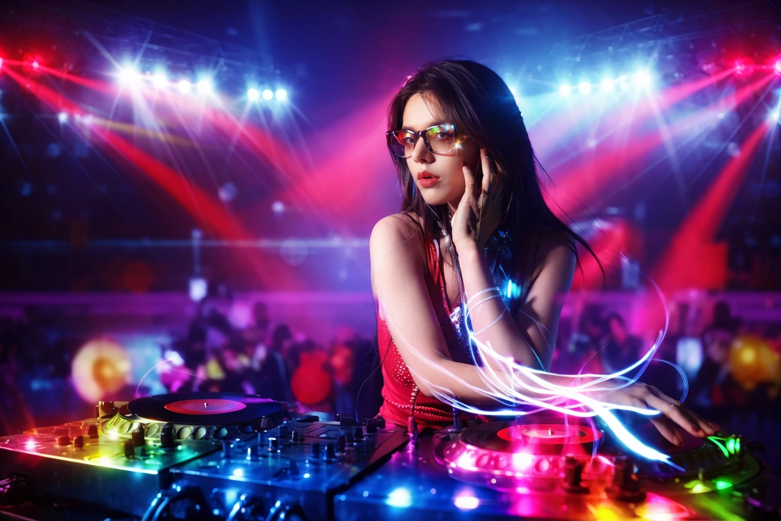 dj,1girl,blurry,realistic,3d,depth of field,lens flare,neon lights,blurry background,long hair,male focus,lights,sun,lips,stage lights,bokeh,laser,concert,rainbow,stage,sunglasses,<lora:20240224-1708759727219-0006:0.8>,best qualtiy,masterpiece,movie-level quality,