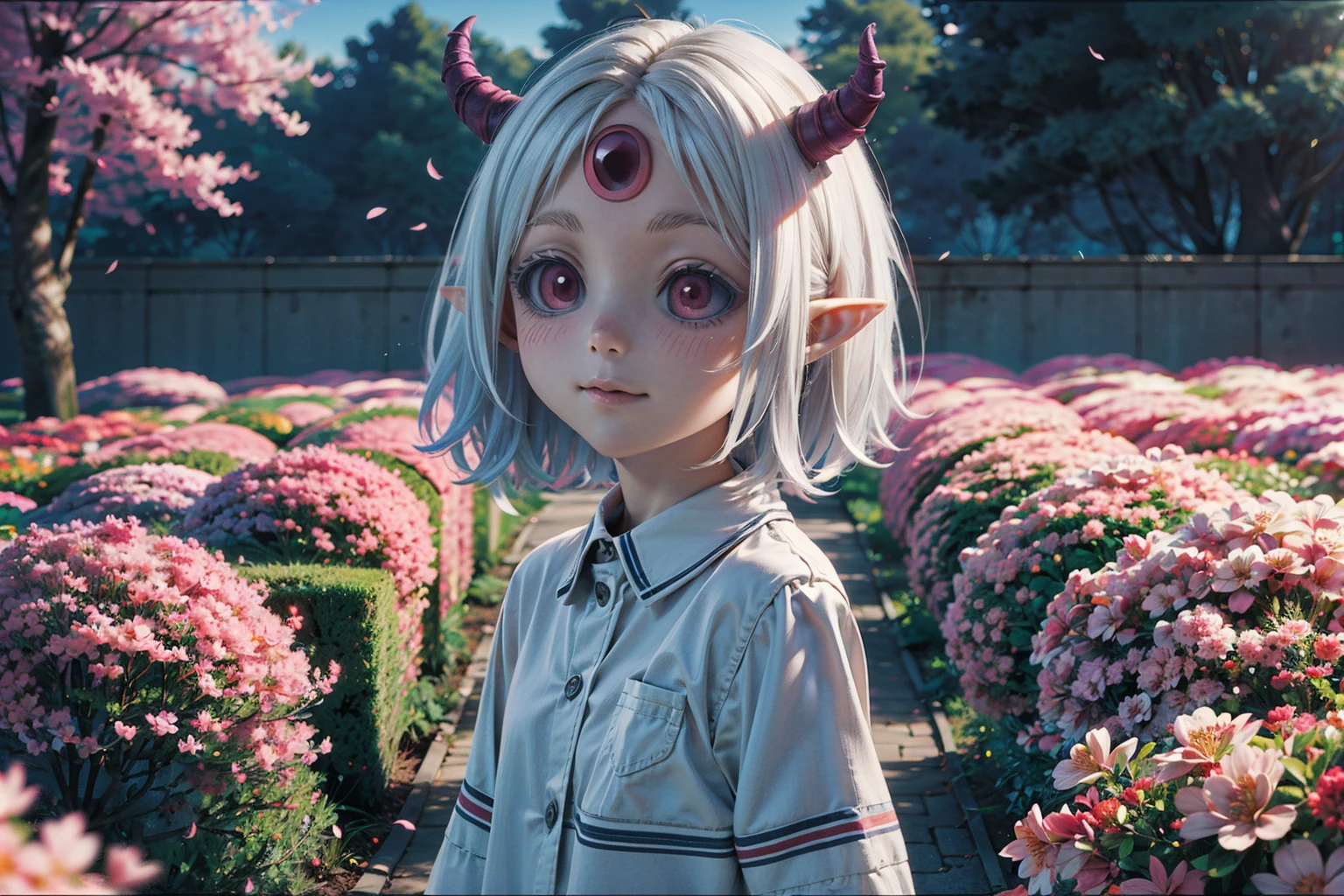 (2d:1.2), wide shot, (dynamic angle:1.1), outline, ((thick lineart)), cover, stylish, official art, (details:1.2), (fantasy), garden, (bloom:1.1), glow:0.2, shadow, nature, cherry blossoms, particles, (depth of field), sharp focus, (volumetric lighting), (bokeh:0.6), film grain:0.4, (soft lighting:1.1), mmaom, short hair, white hair, horns, pointy ears, red eyes, extra eyes, colored sclera, third eye, dress, shirt, white shirt, looking at viewer, sleeping, <lora:Himesama_Goumon_MaoMao_00_01:1.0>