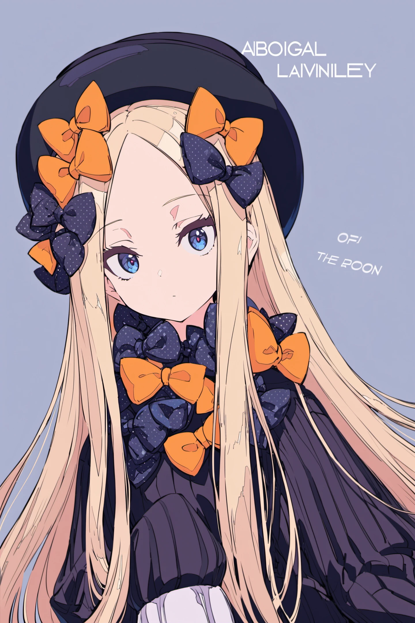 abigail williams (fate),1girl,long hair,blonde hair,blue eyes,bow,solo,orange bow,hair bow,sleeves past wrists,sleeves past fingers,looking at viewer,parted bangs,dress,black bow,hat,long sleeves,black headwear,bangs,black dress,english text,multiple hair bows,very long hair,closed mouth,polka dot bow,forehead,stuffed toy,upper body,lavinia whateley (fate),<lora:ç¦è¶_XL:0.8>,