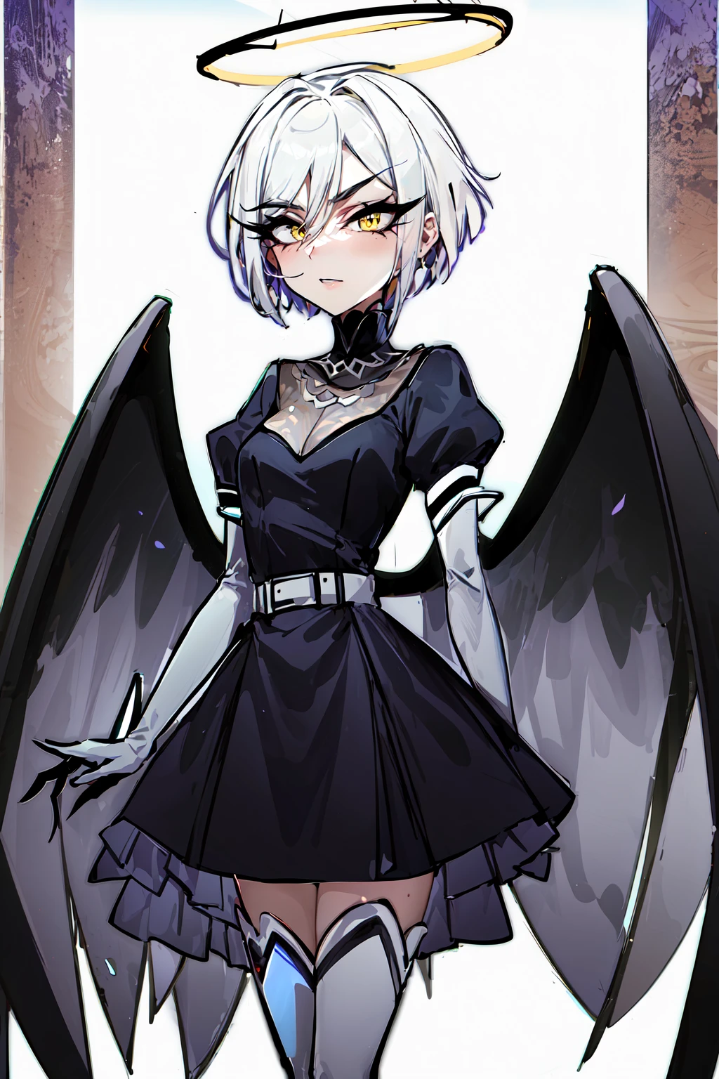 masterpiece, best quality, highres, mature female, 1girl, solo, hazbin hotel, hazbinlute, unmasked, pale gray skin, angel, angel wings, white angel wings, black wings border, white hair, short hair, yellow eyes, halo, (black halo:1.3, black aura, black aureola), turtleneck dress, (white belt, white elbow gloves, white thigh boots, black legwear, metal mock collar), <lora:Lute_Hazbin_Hotel:1> , standing, sfw, <lora:add_detail:0.5>