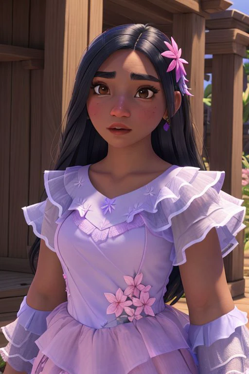 isabela madrigal, dark skin, default outfit, hair flower, upper body <lora:Isabela Madrigal_v1:1>