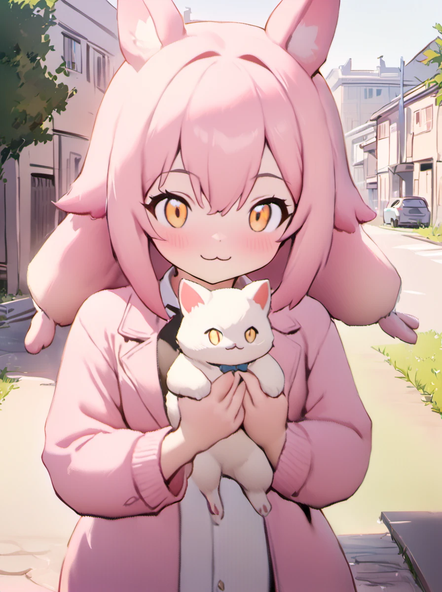 masterpiece,best quality,
a palworld-flopie Smiling with big ears ,flower,jacket,:3,shirt,Holding the cat,outdoors, 
<lora:palworld_flopie_xl_lora_v4-000098:1.2>,