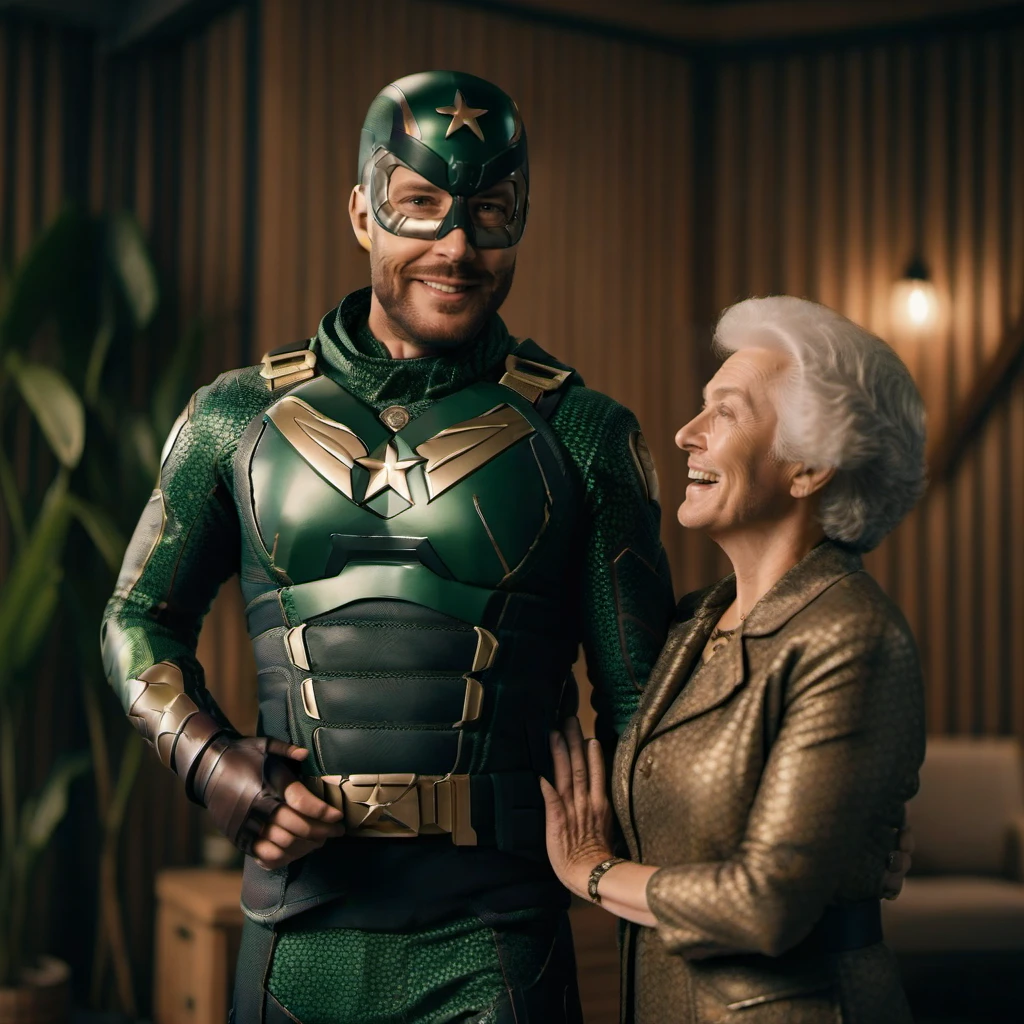 cinematic photo a man in a green superhero suit flirting with a grandmother wears classic clothing, laughing <lora:SoldierBoy1024:0.8> . 35mm photograph, film, bokeh, professional, 4k, highly detailed