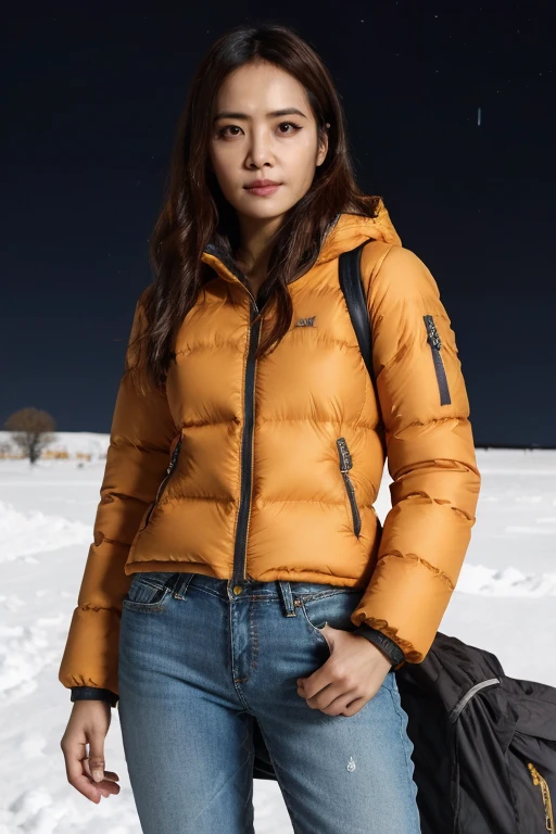 masterpiece, best quality, ultra-detailed, ultra high res, (photorealistic:1.4), raw photo, (realistic:0.2), CG, 8k HDR, cinematic lighting, 1girl, solo, looking at viewer, (winter clothes, padded jacket), jeans, outdoor, (snow, snowflakes), night, aurora sky, upper body, lower body, asymmetrical hair, (detailed oily skin, medium breasts:0.8), (detailed face), (detailed background :1.1), closed mouth,